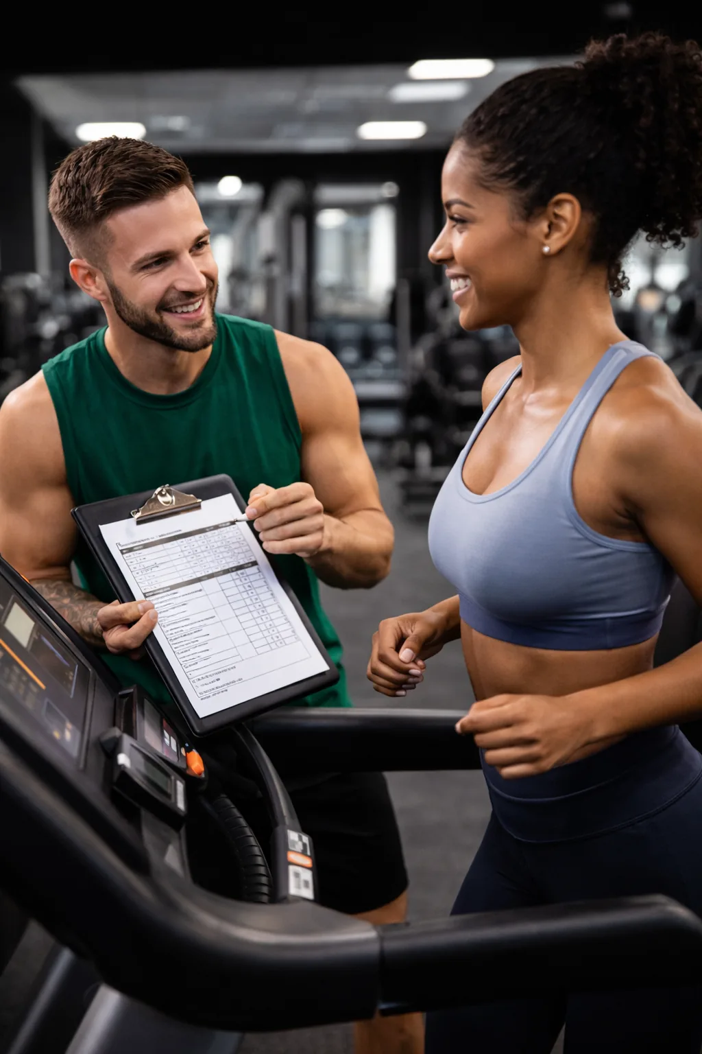 A man holding a clipboard talking to a woman on a treadmill