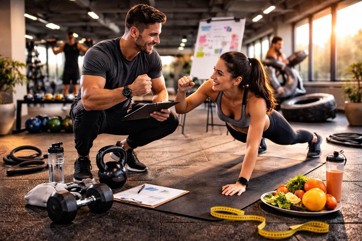 A coach kneels beside a person holding a plank on a mat, with dumbbells, a kettlebell and a plate of fruit nearby