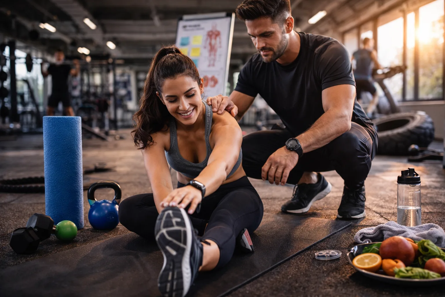 A coach guides a seated hamstring stretch on a mat