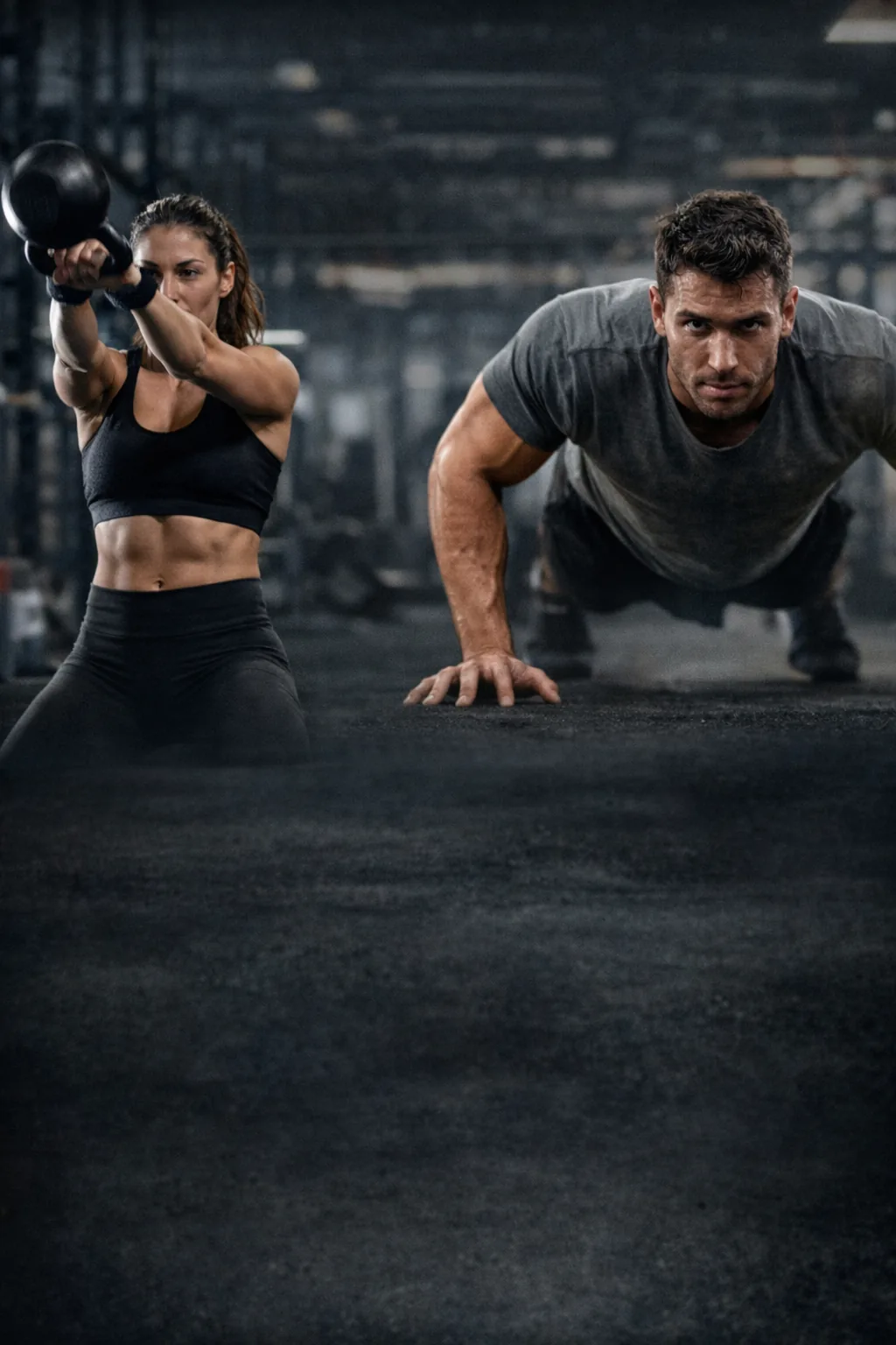 Two people doing push-ups side by side on a dark gym floor