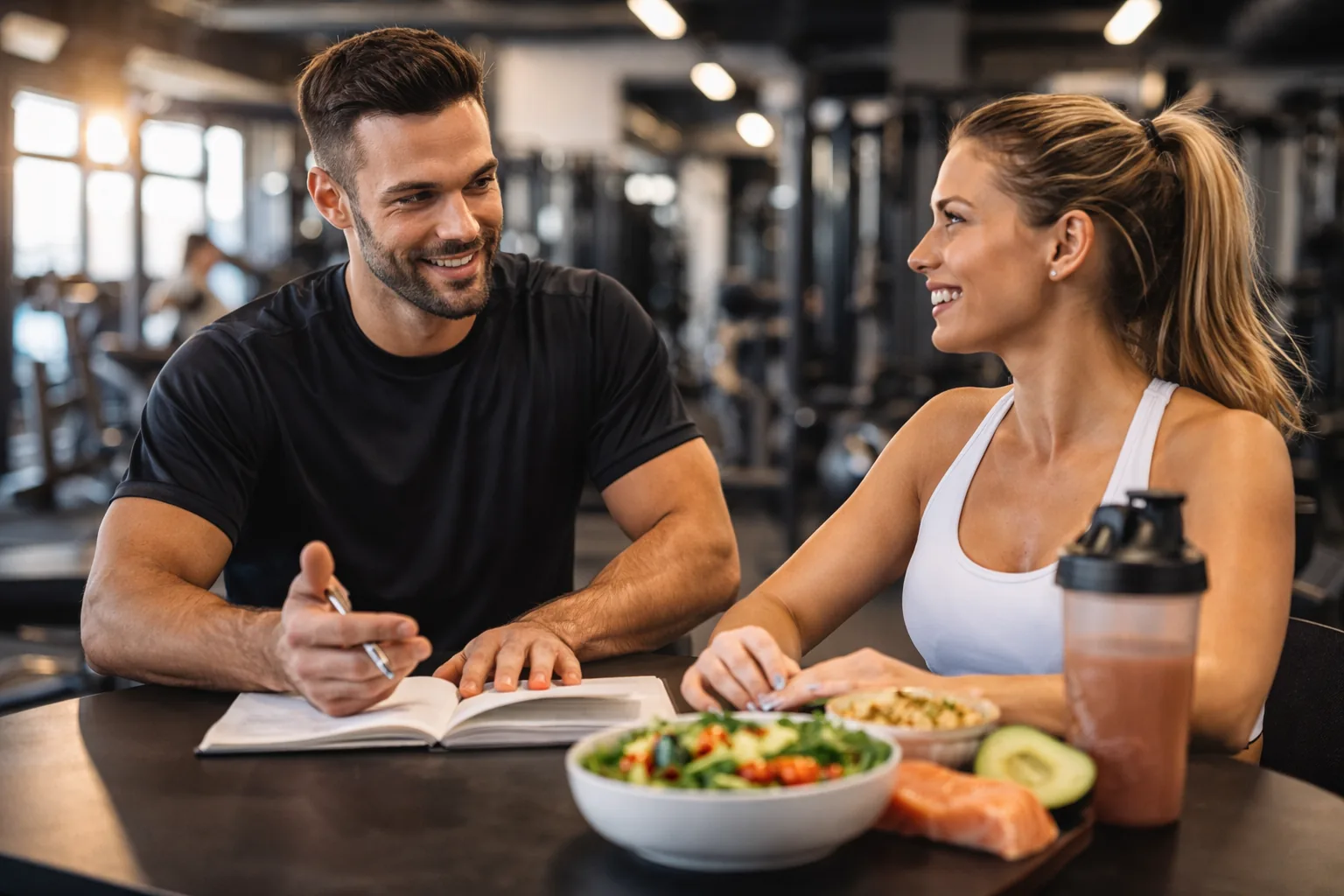 A man and a woman at a table with a notebook, a bowl of salad and a shaker bottle